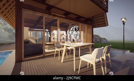 moderna casa in legno con pranzo all'aperto sulla terrazza architettura concetti 3d illustrazione Foto Stock
