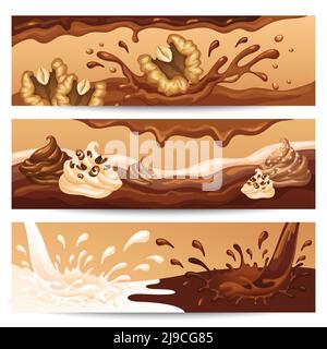 Cartoon cioccolato liquido striscioni orizzontali con spruzzi di flusso blot montato illustrazione vettoriale della crema e delle noci Illustrazione Vettoriale