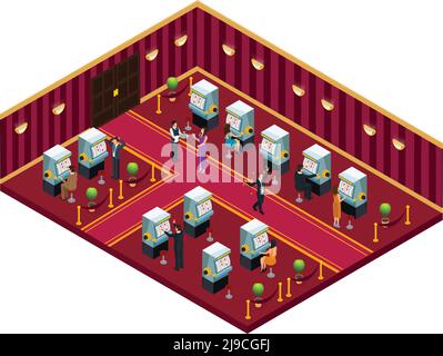 Template camera interna del casinò isometrico con persone che giocano a slot machines e bere cocktail illustrazione vettoriale Illustrazione Vettoriale