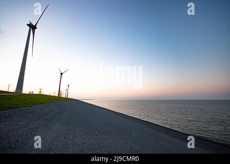 Mulini a vento in un pomeriggio di sole su una diga a Eemshaven, Paesi Bassi Foto Stock