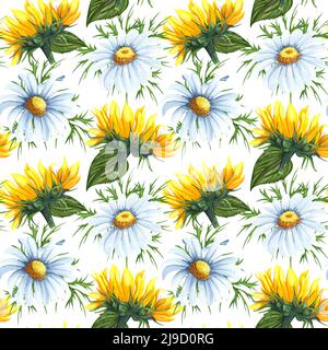 Acquerello senza cuciture con girasoli e fiori di camomilla. Campo di beckground disegnato a mano con fiori selvatici perfetto per decorare tessuti, imballaggi, Foto Stock