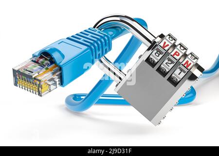 Concetto di VPN, sicurezza Internet e protezione dei dati. Cavo ethernet di rete bloccato con codice di blocco. 3d illustrazione Foto Stock