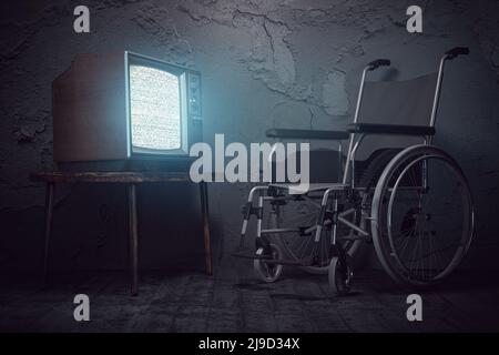 Sedia a rotelle e televisore vintage. Vita depressiva di una persona solitario disabili in un concetto di casa di cura. 3d illustrazione Foto Stock