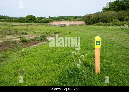 Un indicatore di percorso pubblico sulla passeggiata circolare Snettisham attraverso le paludi d'acqua dolce sulla riva e del Washington. Foto Stock