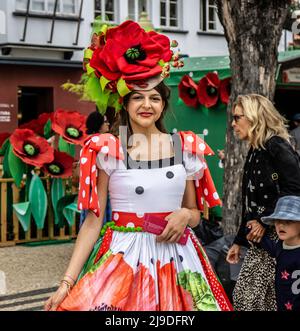 Una giovane donna, in abito tradizionale, che promuove la festa dei fiori a Funchal, Madeira. Foto Stock