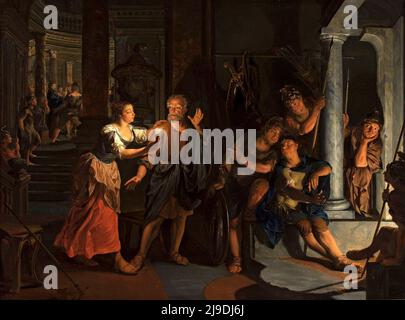 Il Denial di San Pietro dipinto da Nikolaus Knüpfer. Questo dipinto raffigura la scena in cui, dopo l'arresto di Gesù, San Pietro nega di conoscerlo quando viene confonito dalle autorità. Foto Stock