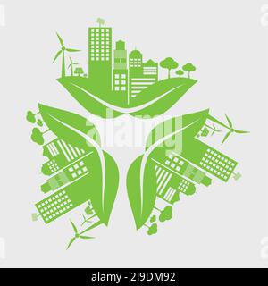 Le città verdi aiutano il mondo con eco-friendly concetto ideas.Vector illustrazione Illustrazione Vettoriale