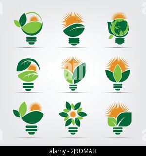 simbolo ecologia bulbo loghi di verde con sole e foglie natura elemento icona su sfondo bianco.vector illustratore Illustrazione Vettoriale