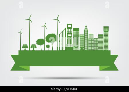 Ecologia concetto di città e l'ambiente con idee eco-friendly, illustrazione vettoriale Illustrazione Vettoriale