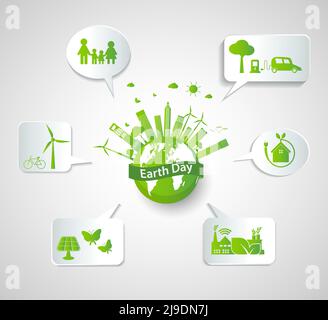 Ecologia concetto di giorno della terra e ambiente con Eco-friendly Ideas, illustrazione vettoriale Illustrazione Vettoriale