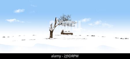 Un albero e un vecchio fienile fanno un paesaggio di neve interessante in questa illustrazione 3-d. Foto Stock