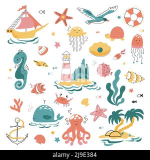 Grande set sul tema del mare, dell'oceano e della vita marina nello stile di doodles Illustrazione Vettoriale