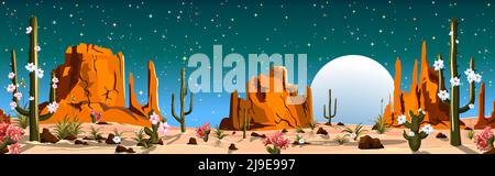 Deserto sabbioso con cactus. Montagne e pietre. Notte nel deserto. Chiaro di luna. Stelle sul cielo. Illustrazione Vettoriale
