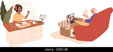 Culinary vlog online, chat video persone anziane Illustrazione Vettoriale