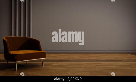 Camera con pavimento in legno, parete scura e spazio vuoto con sedia nella scena interna 3D rendering Foto Stock