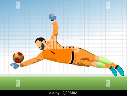 Portiere del giocatore di calcio che cattura la silhouette della palla. 3D immagine vettoriale a colori Illustrazione Vettoriale