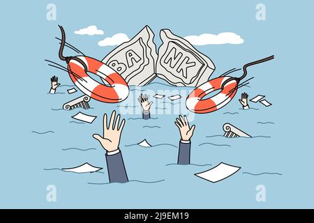 Edificio bancario e dipendenti annegati in acqua dopo la crisi finanziaria. Concetto di instabilità finanziaria e fallimento. Illustrazione vettoriale piatta. Illustrazione Vettoriale