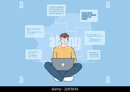 Sorridente ingegnere software maschile che lavora su computer scrivere codici e programmi. Programmatore o sviluppatore backend Happy man impegnato su laptop, programmazione, creazione di script. Illustrazione vettoriale. Illustrazione Vettoriale
