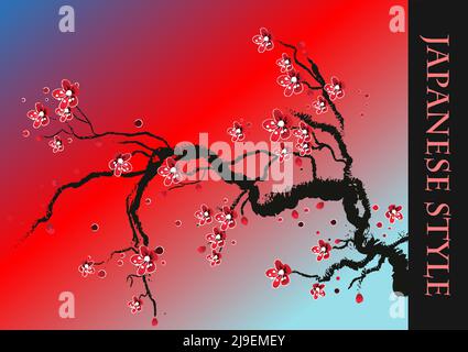 Sakura si dirama su uno sfondo colorato. Illustrazione vettoriale a colori in stile giapponese Illustrazione Vettoriale