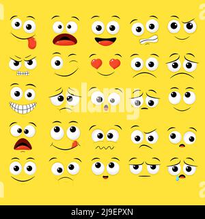 Collezione di emoticon di diverso umore. Set di fumetti volumetrici emoji volti in diverse espressioni - felice, triste, piangere, paura, pazzo. Su bianco b Illustrazione Vettoriale