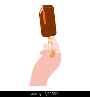 La mano umana contiene una deliziosa illustrazione di papsicle al cioccolato Illustrazione Vettoriale