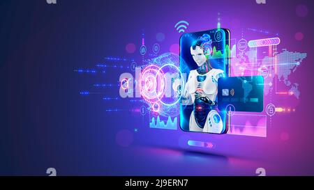 Bot chat bancaria con intelligenza artificiale su schermo. Intelligenza artificiale in fintech. Servizio chatbot di banca online. App con analisi finanziaria attivata Illustrazione Vettoriale