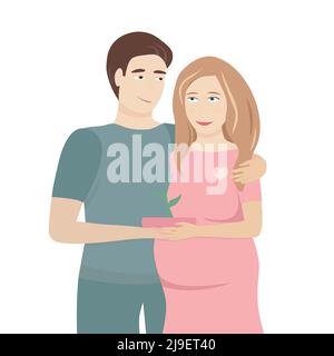 Concetto felice di amore per la famiglia del giorno delle madri. Donna incinta con uomo e piccola pianta verde in vaso. Illustrazione vettoriale Illustrazione Vettoriale