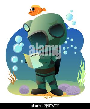 Subacqueo in retrò scuba attrezzatura studiare istruzioni. Ragazzo in subacquea vestito fondo di stagno. Isolato su sfondo bianco. Divertente stile cartoon. spo estrema Illustrazione Vettoriale