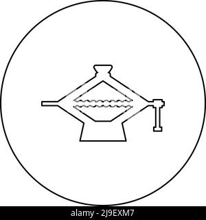 Dispositivo di sollevamento con martinetto a vite per il sollevamento di carichi sostenuti per la manutenzione dell'auto icona a forma di forbice in un vettore circolare di colore nero Illustrazione Vettoriale