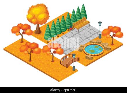 Concetto di paesaggio del parco cittadino autunnale isometrico con alberi d'arancio illustrazione vettoriale del ponte di laghetti e del banco Illustrazione Vettoriale