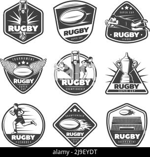 Etichette di rugby monocromatiche d'epoca con diversi giocatori di lettere pone diverse palline cup stadio isolato illustrazione vettoriale Illustrazione Vettoriale