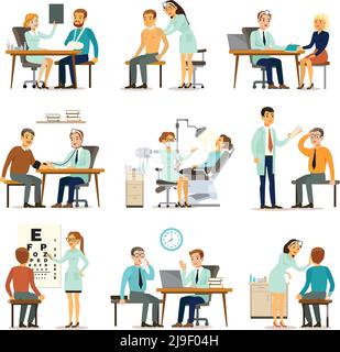 Raccolta di esami medici con persone che visitano diversi medici per la salute illustrazione vettoriale diagnostica isolata Illustrazione Vettoriale