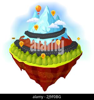 Composizione cartoon mappa isola con foresta e mouintain strada mongolfiera e l'illustrazione vettoriale dei punti di riferimento Illustrazione Vettoriale