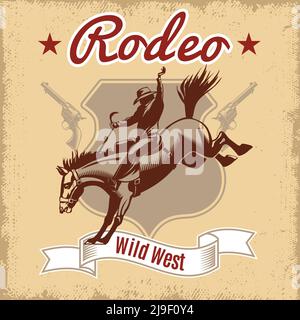 Modello di rodeo selvaggio West con cavallo da cowboy e revolver etichetta in un'illustrazione vettoriale di stile vintage Illustrazione Vettoriale