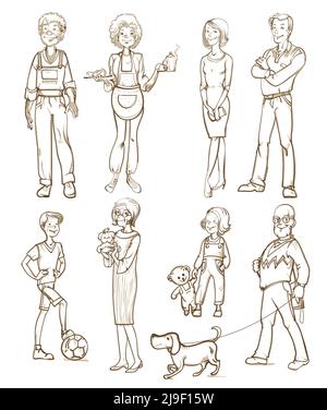 Gruppo di persone di età diverse e con diverse occupazioni nell'illustrazione vettoriale isolata in stile di schizzo Illustrazione Vettoriale