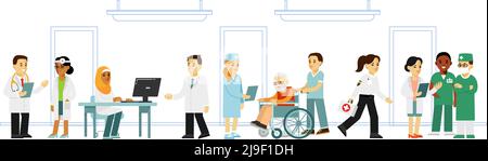 Gruppo di giovani medici professionisti, uomini e donne in ospedale. Consultazione e diagnosi Illustrazione Vettoriale