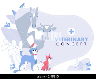 Folla di animali con gatto, cane, mucca, cavallo, coniglio, uccelli. Trattamento medico. Prevenzione e immunizzazione di animali domestici. Illustrazione Vettoriale