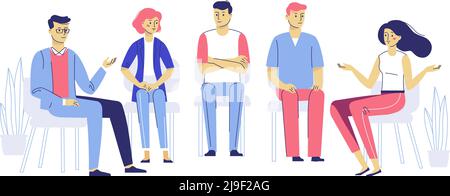 Psicologa e giovani pazienti di sesso maschile e femminile in terapia. Trattamento dello stress, delle dipendenze e dei problemi mentali. Illustrazione Vettoriale