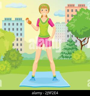 Concetto di stile di vita sportivo Cartoon con ragazza sottile in piedi sul tappetino e tenendo dumbbell in città parco illustrazione vettoriale Illustrazione Vettoriale