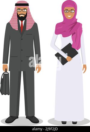 Gruppo di persone arabe creative isolate su sfondo bianco. Insieme di uomo e donna arabo di affari che si levano in piedi insieme. Carino e semplice in stile piatto. Illustrazione Vettoriale