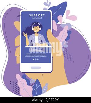 Giovane assistente donna con cuffia nel call center. Cliente con telefono. Illustrazione Vettoriale