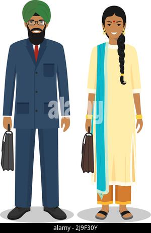 Coppia di indiani isolati su sfondo bianco. Insieme di uomini e donne d'affari che si levano in piedi insieme. Carino e semplice in stile piatto. Illustrazione Vettoriale