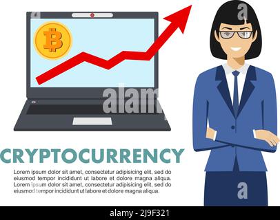 Donna d'affari con il computer. Segno Bitcoin, valuta digitale, criptovaluta, moneta elettronica. Concetto di criptovaluta. Bitcoin estrazione, scambio, mobil Illustrazione Vettoriale