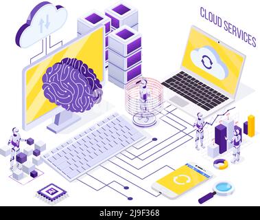 Concetto isometrico di automazione robotica con robot che lavorano con servizi cloud e memorizzazione dati, illustrazione vettoriale 3d Illustrazione Vettoriale