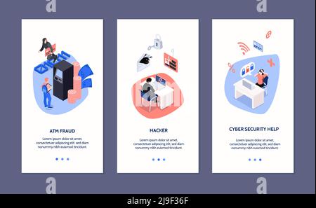 Banner verticali isometrici per la sicurezza informatica impostati con frodi atm e. icone di attacco hacker illustrazione vettoriale isolata in 3d Illustrazione Vettoriale