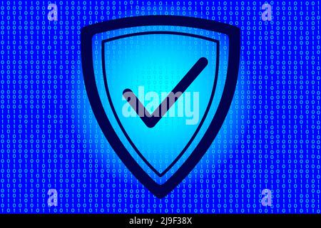 Concetto di protezione della rete. Sicurezza informatica e protezione delle informazioni web. Icona schermo sullo sfondo del codice binario. Illustrazione vettoriale Illustrazione Vettoriale