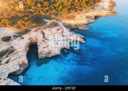 Veduta aerea del mare blu, rocce in acque limpide, grotta, foresta Foto Stock
