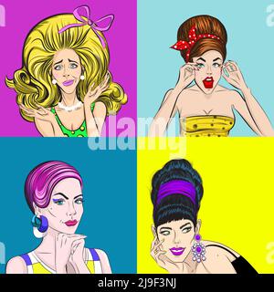 Pop art Bella donna quadrato concetto con diversi colori dei capelli ed emozioni in vari abiti illustrazione vettoriale Illustrazione Vettoriale