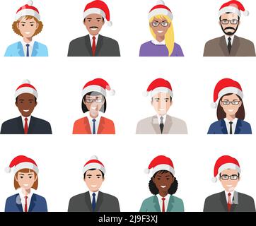 Insieme di gente colorata di affari in Babbo Natale cappelli di stile piatto icone: Uomo d'affari e donna d'affari. Illustrazione vettoriale. Illustrazione Vettoriale
