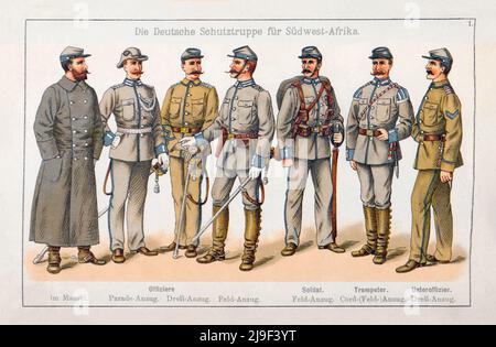 Illustrazione dell'epoca del 19th secolo dello Schutztruppe imperiale per l'Africa sudoccidentale tedesca. 1894 ufficiali tedeschi in una divisa di abbigliamento grande, sfilata Foto Stock